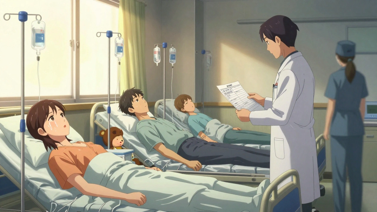 Oncology ward with two patients on empty IV stands, doctor holding a rationing chart, child&#039;s bear on an empty stand.