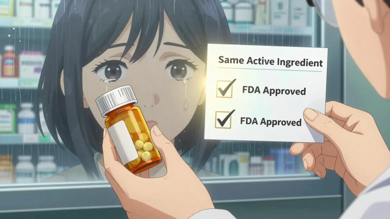 Patient holds generic pill bottle with tears, a comparison image brings reassurance.