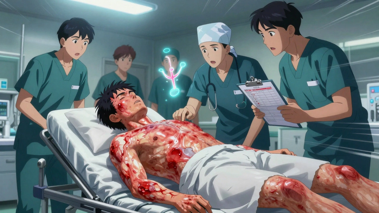 Patient with severe blistering skin in emergency room, medical staff rushing with glowing blood test data.