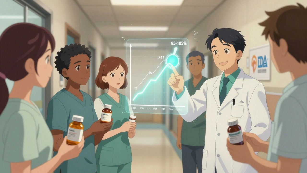 Patients and a pharmacist surrounded by floating bioequivalence graphs, symbolizing trust in generic drugs.