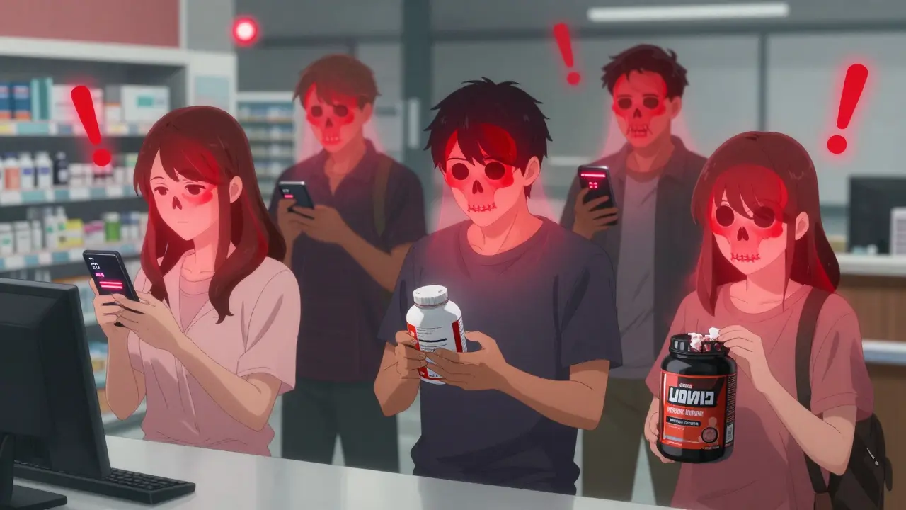 People in daily life surrounded by ghostly skull warnings, unaware of deadly drug interactions from their medications.