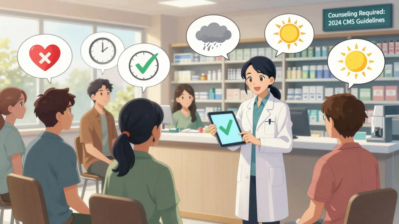 Pharmacist uses tablet to demonstrate bioequivalence to diverse patients in a bright pharmacy.