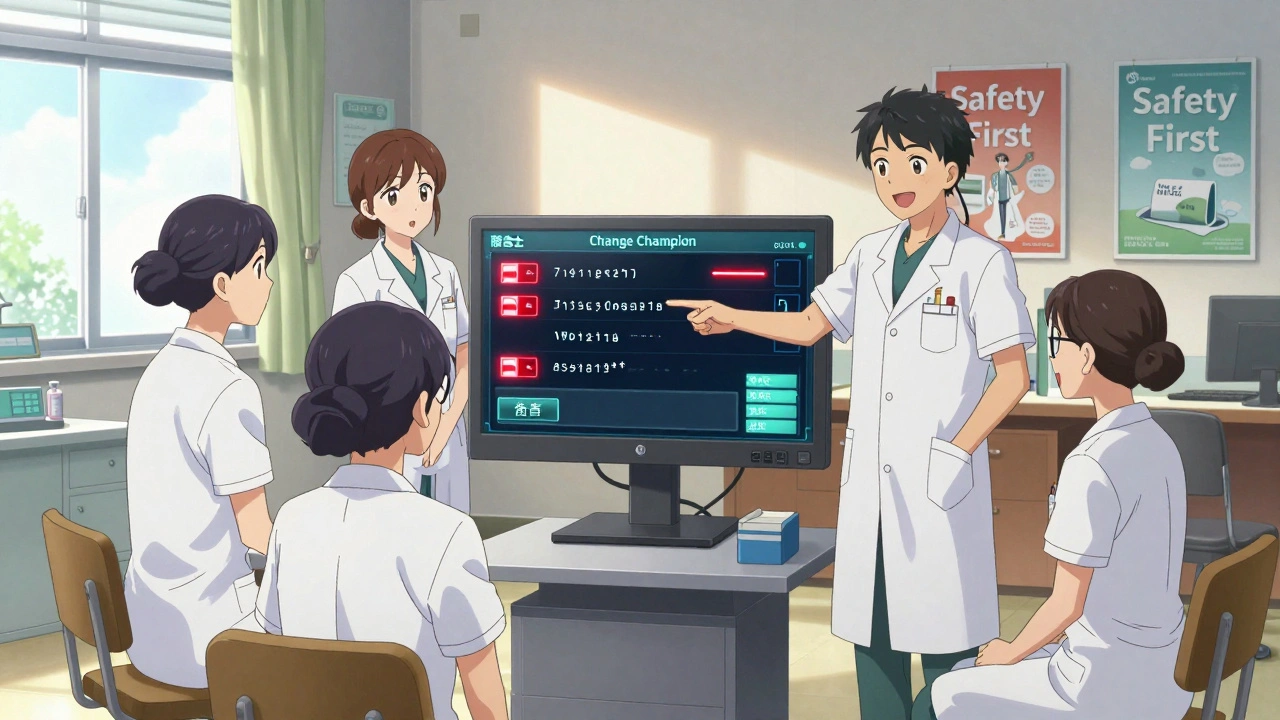 Pharmacy staff training together, reviewing a simulated medication error on a digital screen.