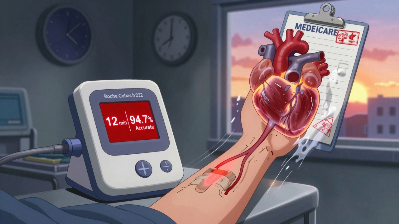 Point-of-care device showing rapid NT-proBNP result as heart strain visualizes in glowing veins.