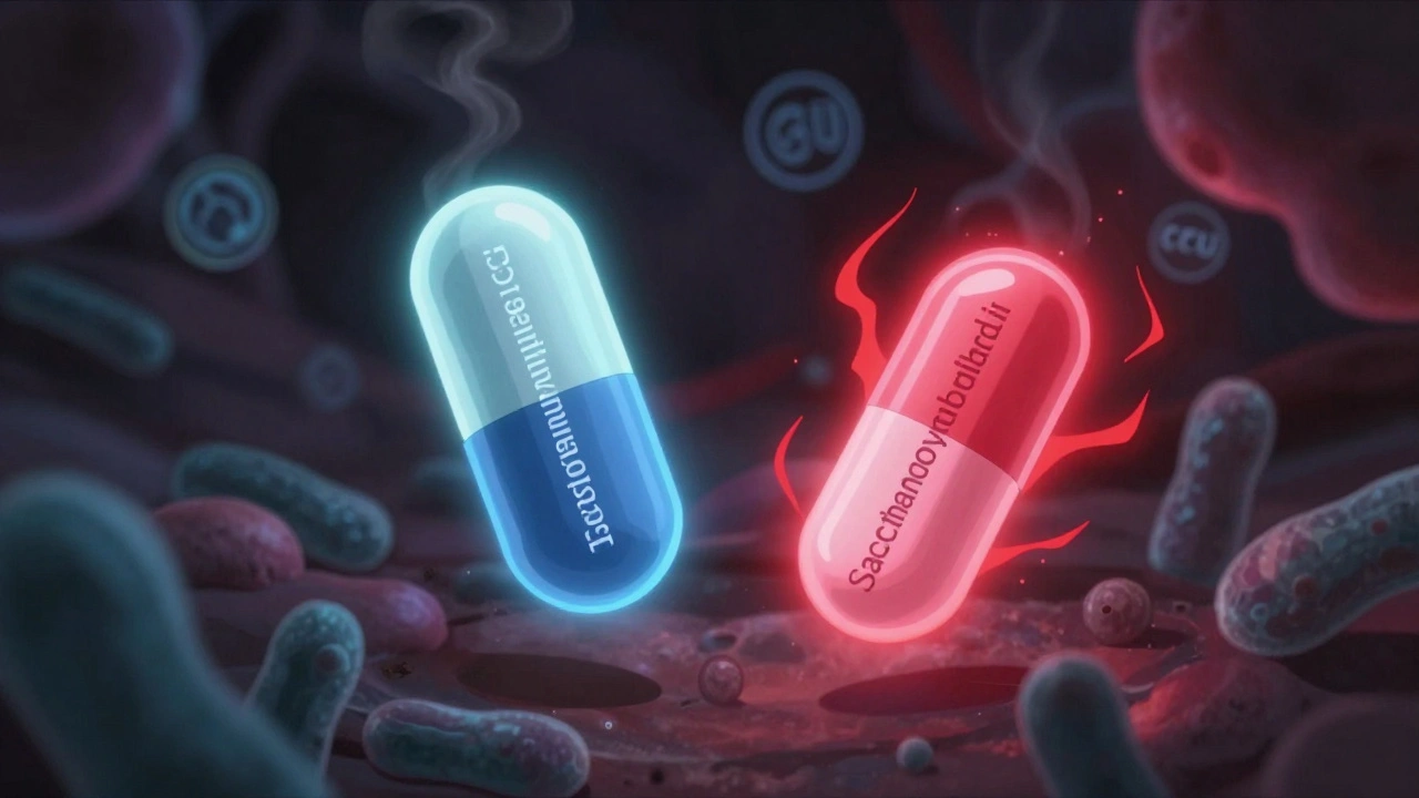 Probiotic capsules with protective auras beside a destructive antibiotic pill in a gut environment.