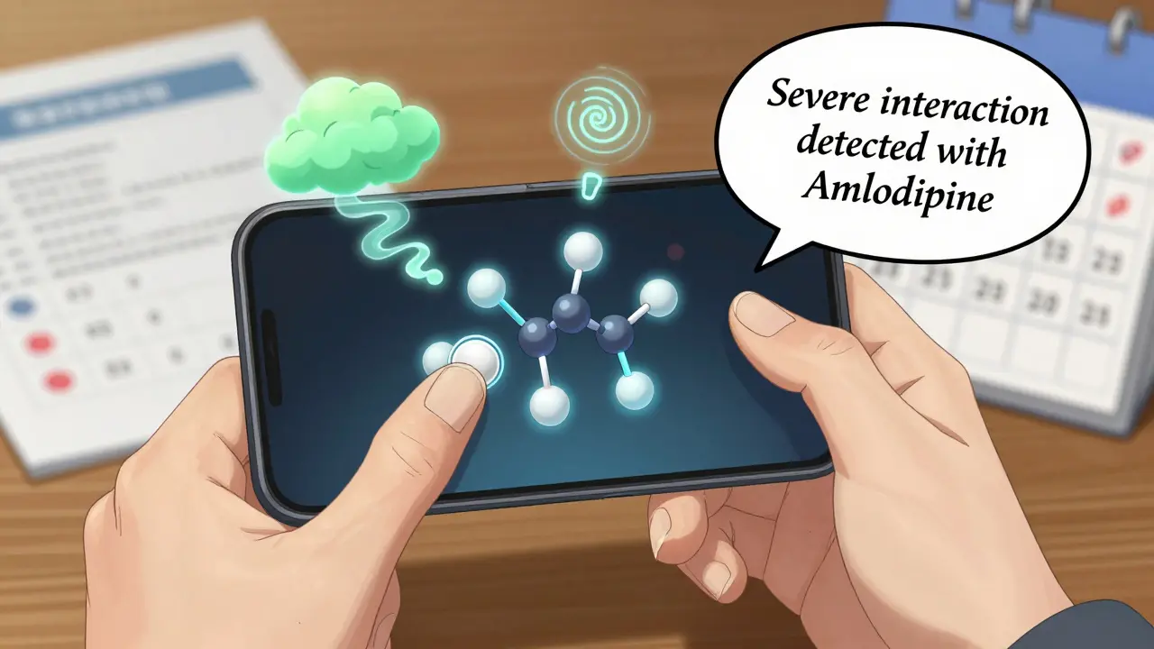 Senior scanning a pill with a phone that displays animated drug side effects and interaction warnings.