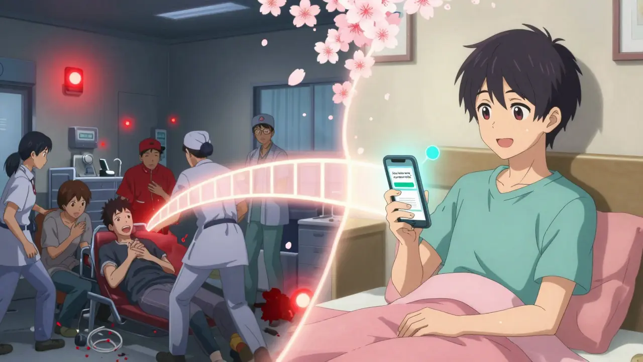 Split scene: chaotic ER on left, calm home with medication app notification on right, symbolizing prevention.