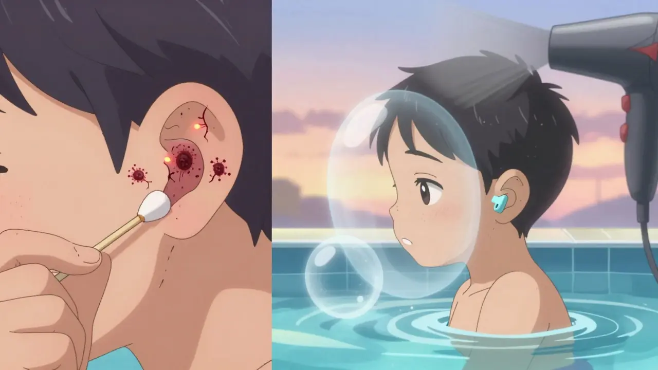 Split scene: cotton swab causing damage vs. earplugs protecting ear while swimming.