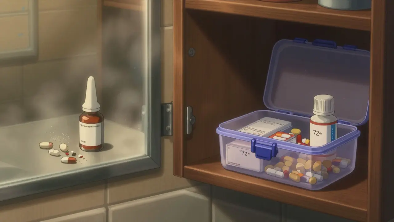 Split scene: degraded meds in a steamy bathroom vs. safely stored in a cool cabinet.