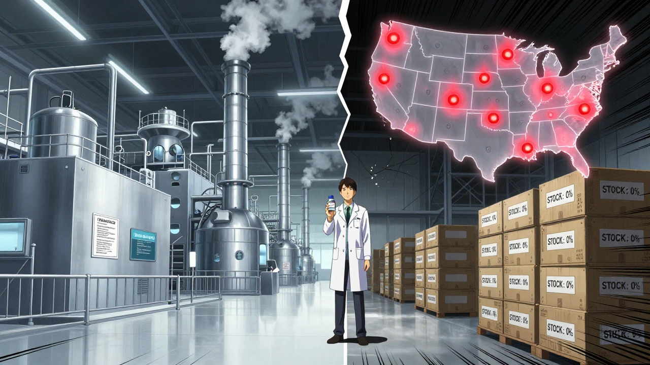 Split scene: foreign factory and empty U.S. warehouse, figure holding levothyroxine vial, red warning pulses over a map of America.