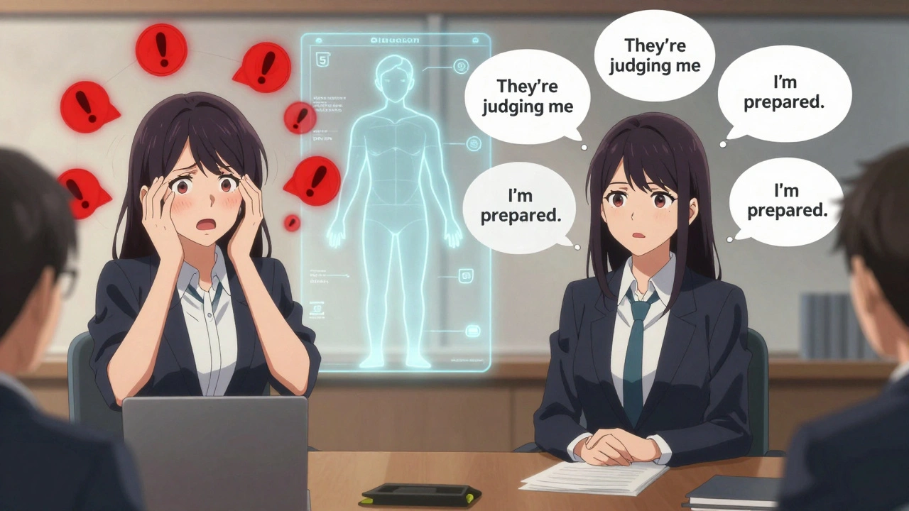 Split scene of a woman experiencing panic versus calmly speaking in a meeting with a glowing CBT model.