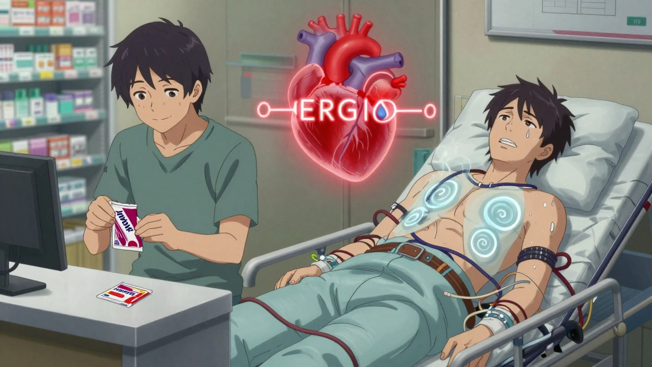Split scene: person buying loperamide vs. collapsed in hospital, ghostly withdrawal symbols and heart diagram between panels.