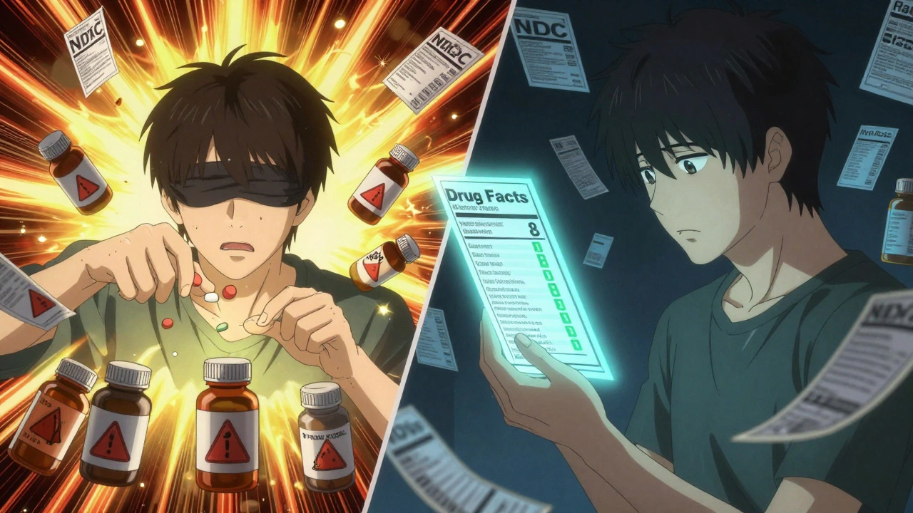 Split scene showing dangerous medicine misuse vs. safe use with warning symbols.