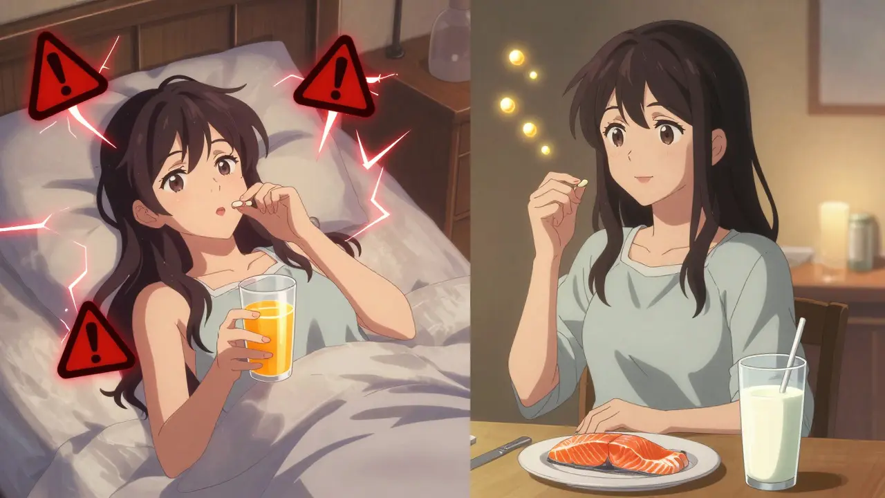 Split scene: woman lying down with coffee vs. standing with calcium at dinner.