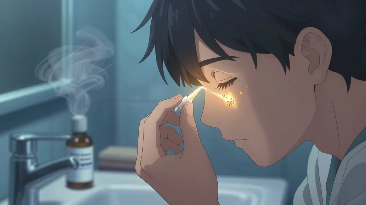 Teen applying ear drops with precision, glowing hydrogel wick visible inside ear canal.