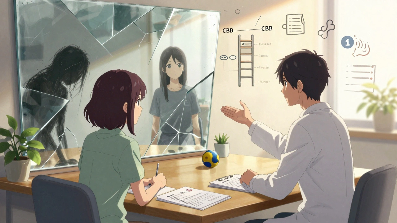 Therapist and client at a table with a mirror showing their past and present selves in anime style.