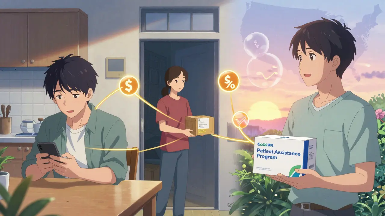 Three people benefiting from generic drugs, mail-order pharmacy, and patient assistance programs under sunrise.