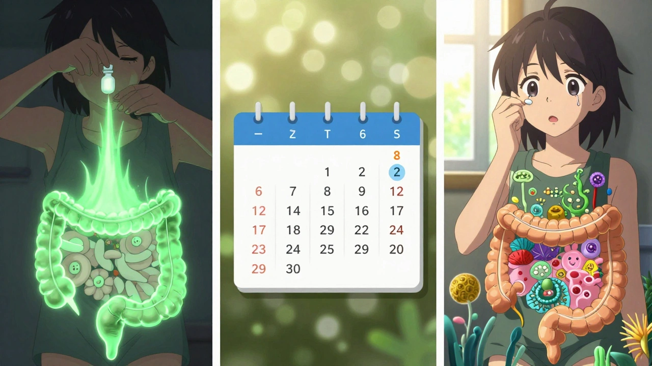 Timeline showing gut microbiome recovery over 14 days after antibiotics with vibrant bacterial growth.