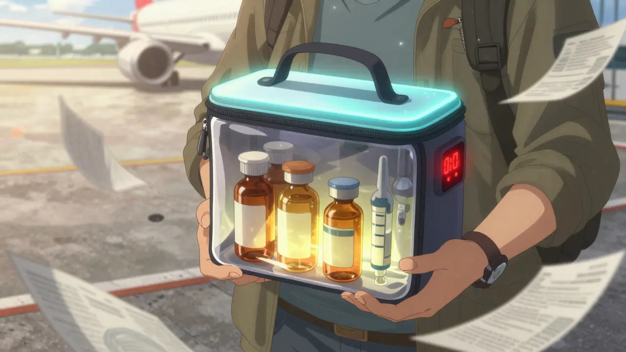 Traveler holding an insulated UV-protected medication bag on a hot airport tarmac.