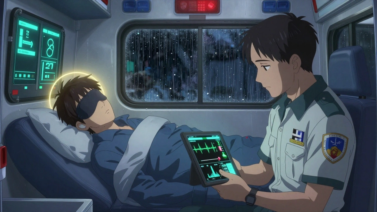 Two EMTs in an ambulance at night—one sleeping peacefully, the other monitoring biometric data on a tablet.