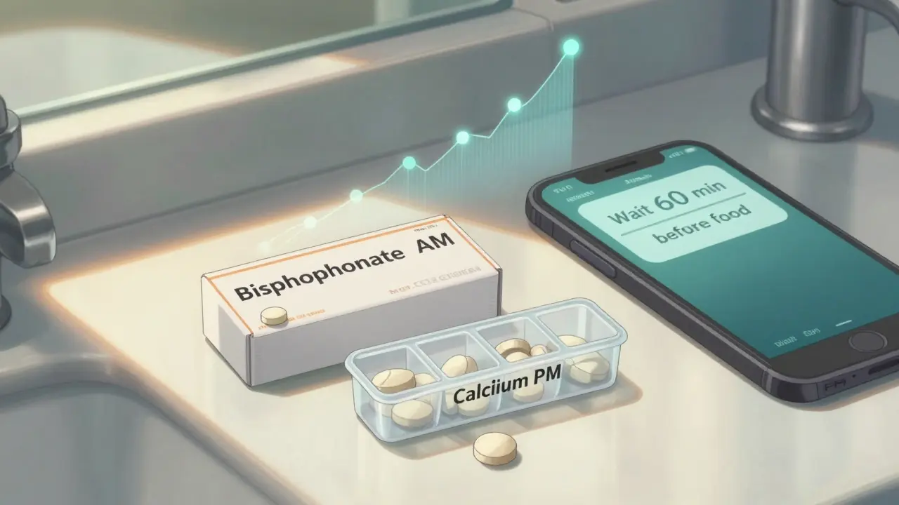Two pill organizers side by side, one for morning bisphosphonate, one for evening calcium.
