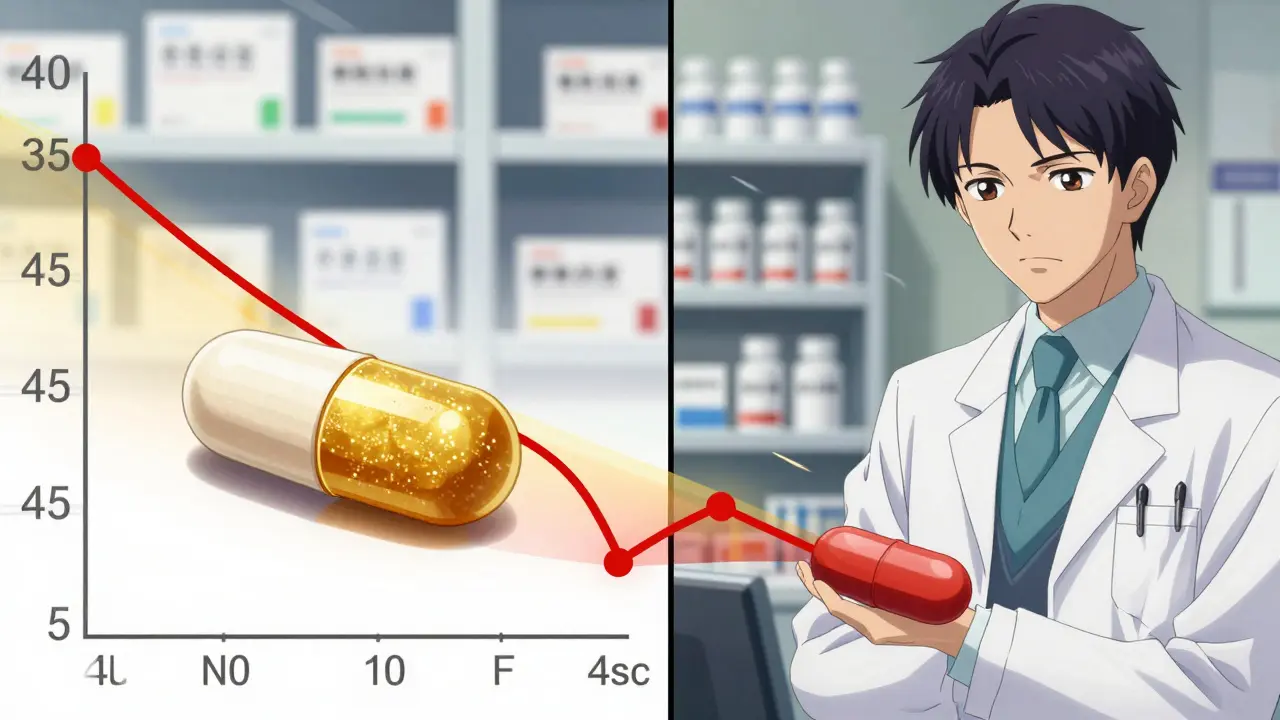 Two pills releasing drug at different rates, shown as glowing curves, watched by a scientist.