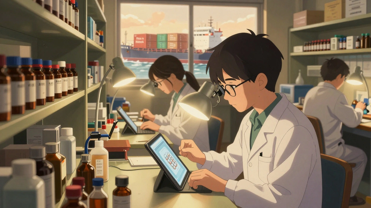 Vietnamese workshop assembling antibiotic intermediates with focused workers and soft ambient lighting.