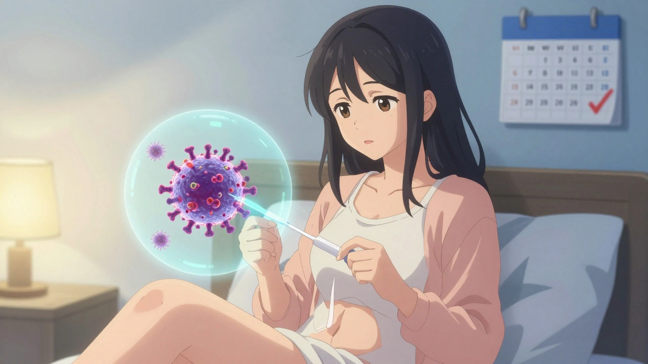 Woman performing a self-collected HPV test at home with calm determination
