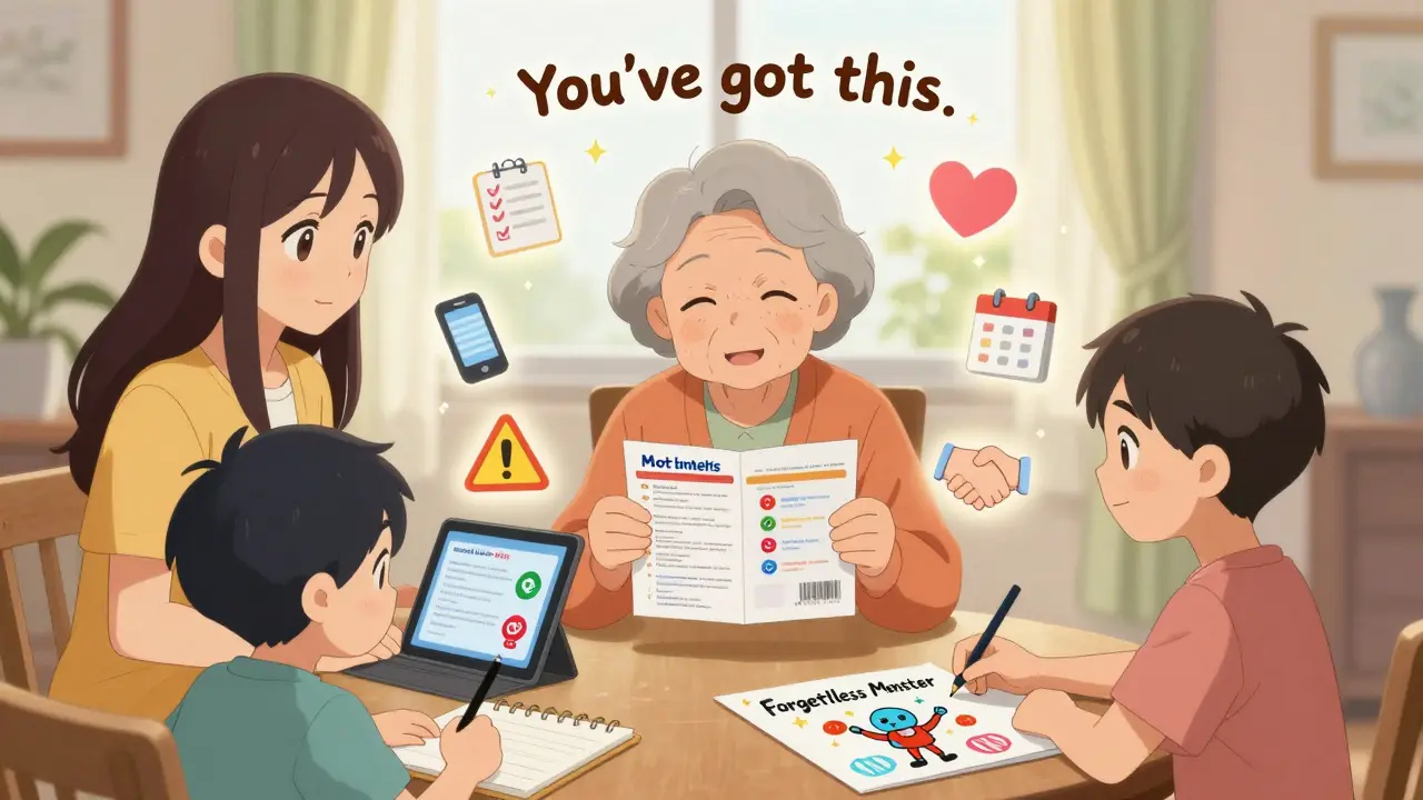 A family collaborates on a medication plan, with cartoon icons and digital copies, conveying support and understanding.