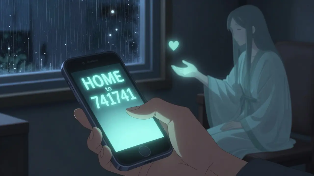 A hand texts 'HOME' to 741741 in the dark, illuminated by a glowing screen with a translucent counselor reaching out.