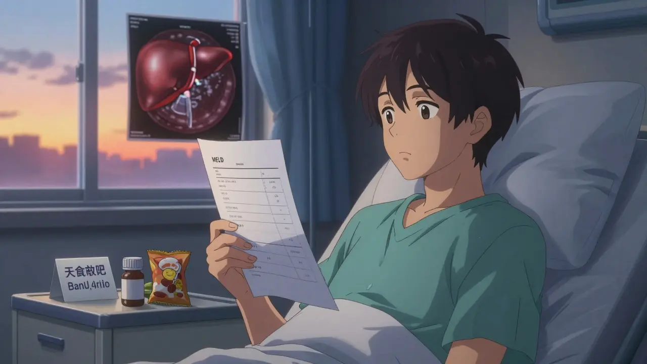 A patient in a hospital room holding a blood test with high MELD score, sunset lighting, medical items on bedside table.