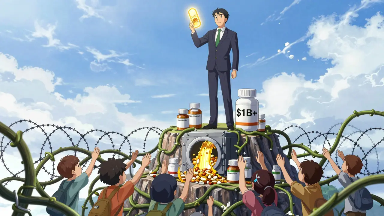 A pharma executive holds a six-month exclusivity token as billions flow into a vault, while generics are blocked by patent vines.