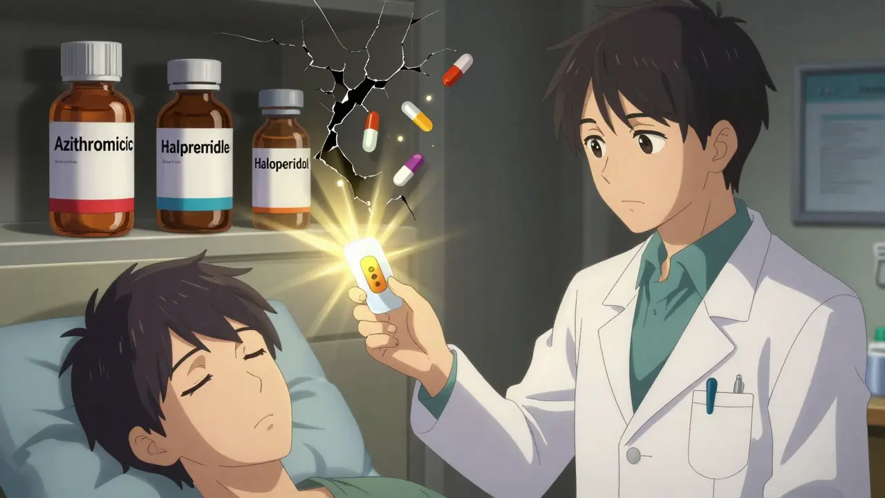 A pharmacist giving a transdermal patch to a patient, with risky drugs fading into shadow behind them.