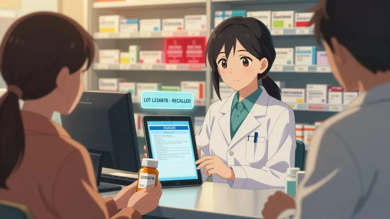 A pharmacist shows a patient a recall notice on a tablet while they hold their medication.