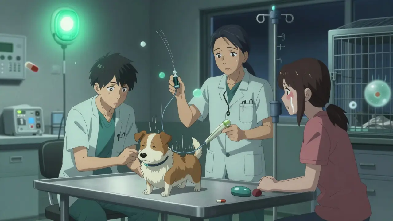 A vet treats a dog with IV fluids in a neon-lit clinic, owner kneeling in distress.