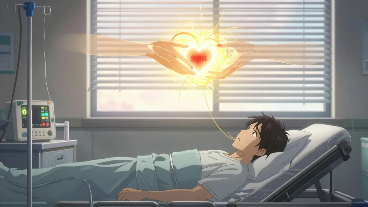 A young adult in a hospital bed is gently reached by a radiant figure of intertwined hands, symbolizing hope and crisis support.