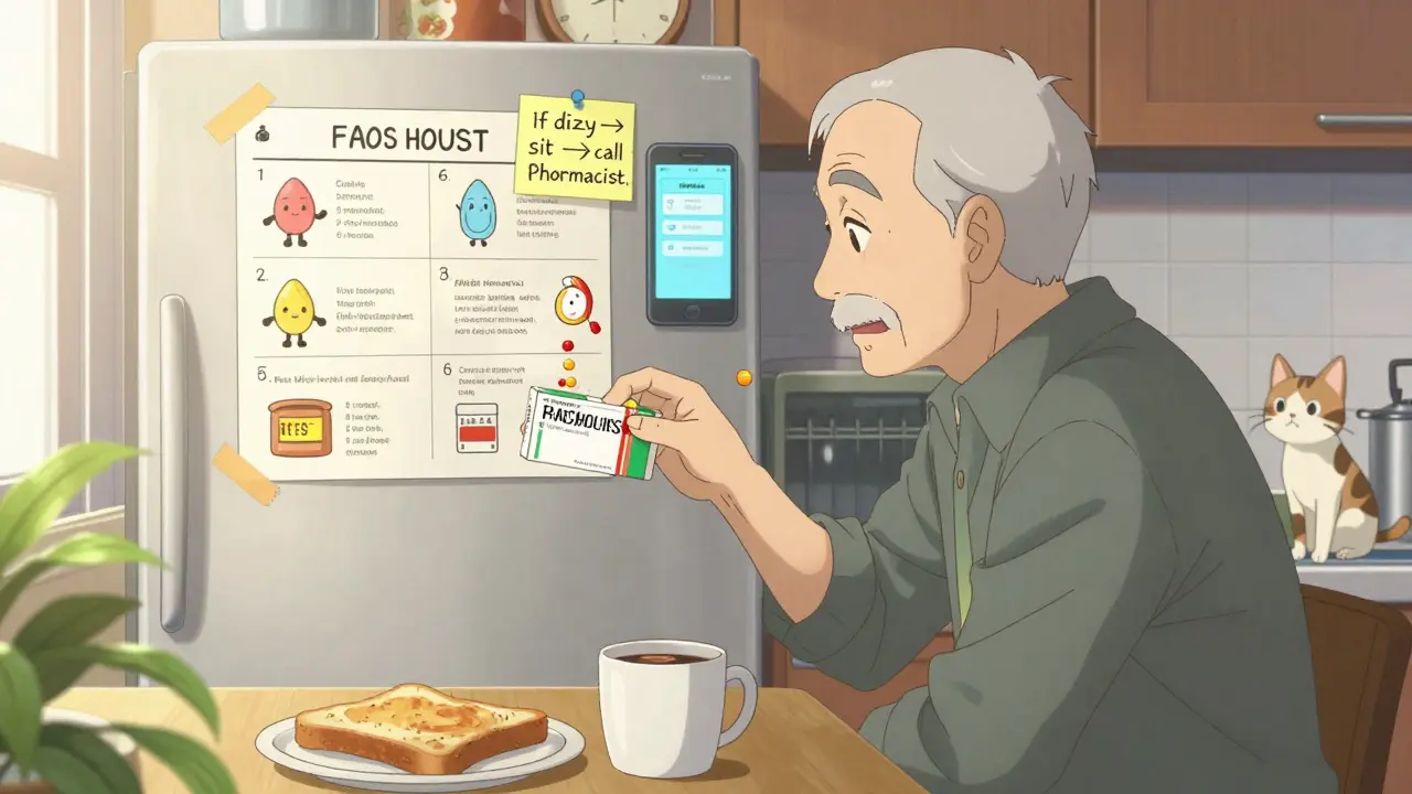 An elderly man takes his morning pill beside his coffee, with a hand-drawn plan on the fridge and a phone reminder glowing.