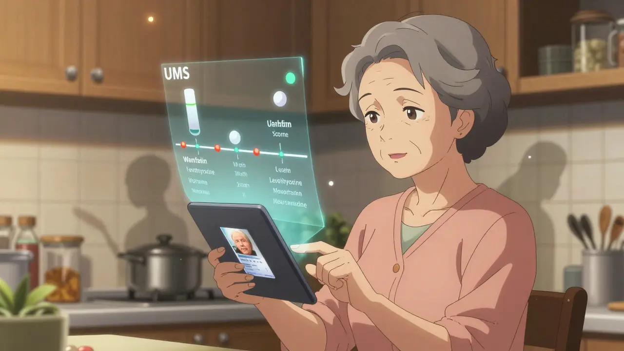 An elderly woman using a tablet to verify her medication schedule with holographic timing guide.