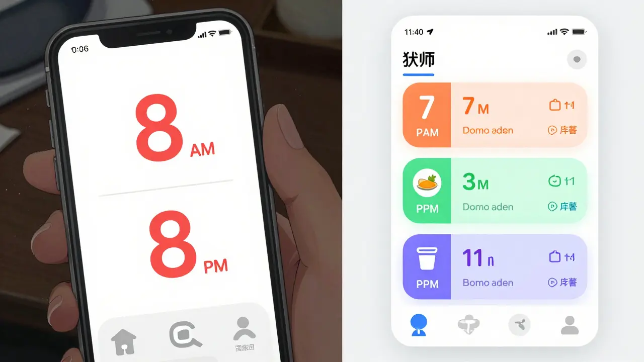Comparison of a basic alarm app versus a smart medication app with accurate dosing schedule.