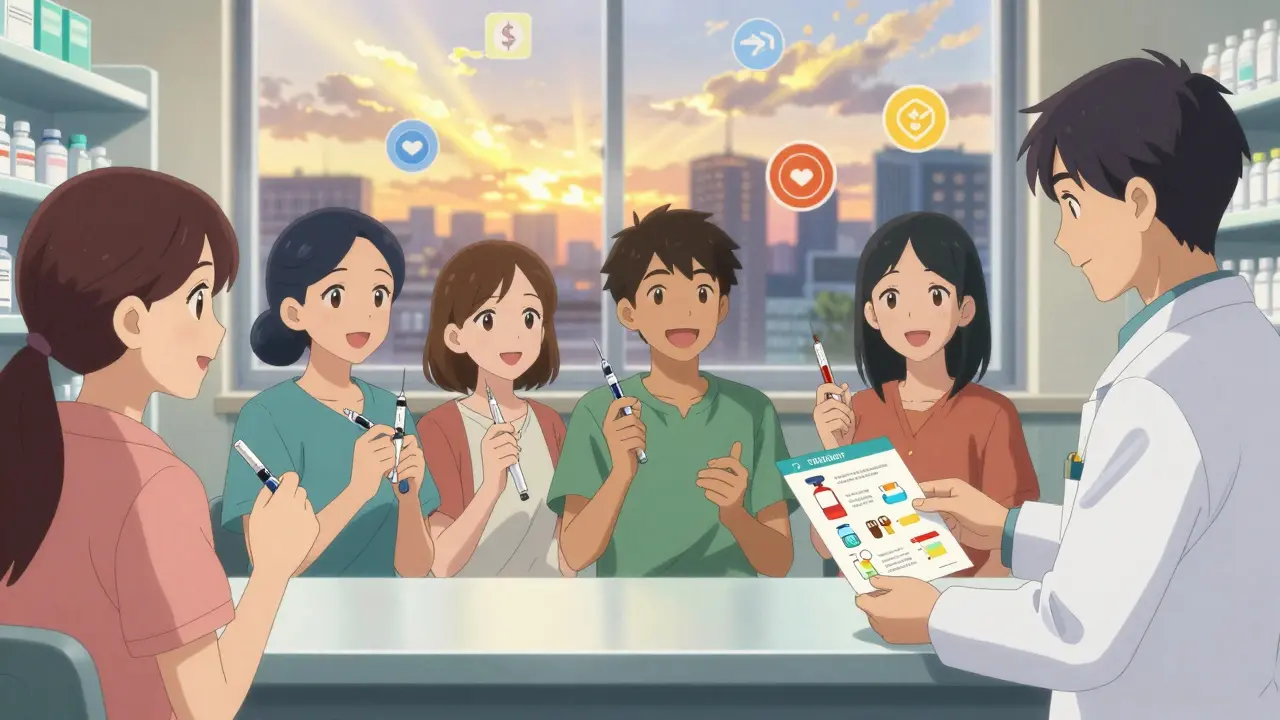 Diverse patients receiving biosimilar injectors at a pharmacy counter, with pharmacist handing out educational brochures.