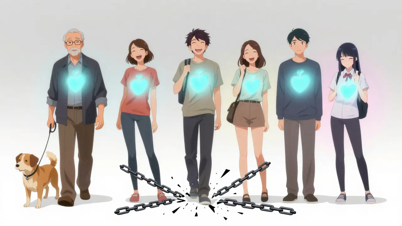 Diverse people with glowing blue auras, chains of side effects breaking away, hopeful atmosphere.