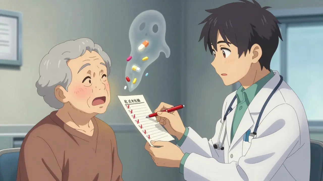 Doctor and patient in clinic, reviewing medications as unnecessary pills dissolve into light, patient looking relieved.