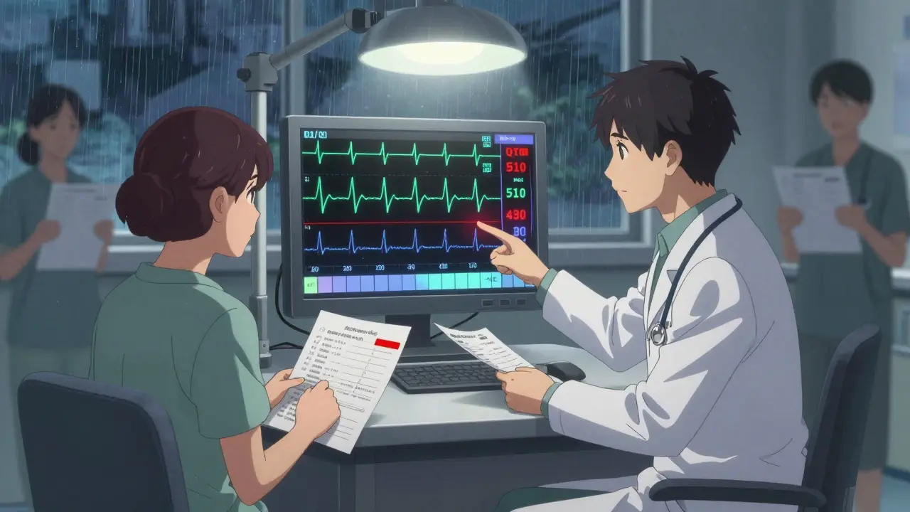 Doctor and patient reviewing a rising ECG reading, with a list of medications and rain-streaked window in background.