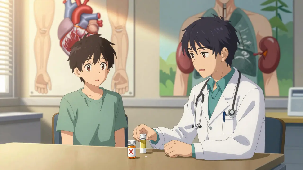 Doctor handing patient a safer diabetes medication while old pioglitazone bottle is marked with a red X.