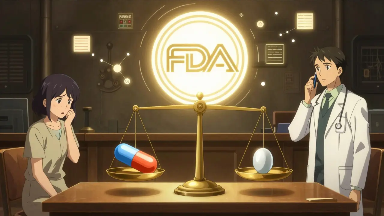 FDA seal balancing generic and brand pills on a scale, surrounded by scientific data and glowing light.