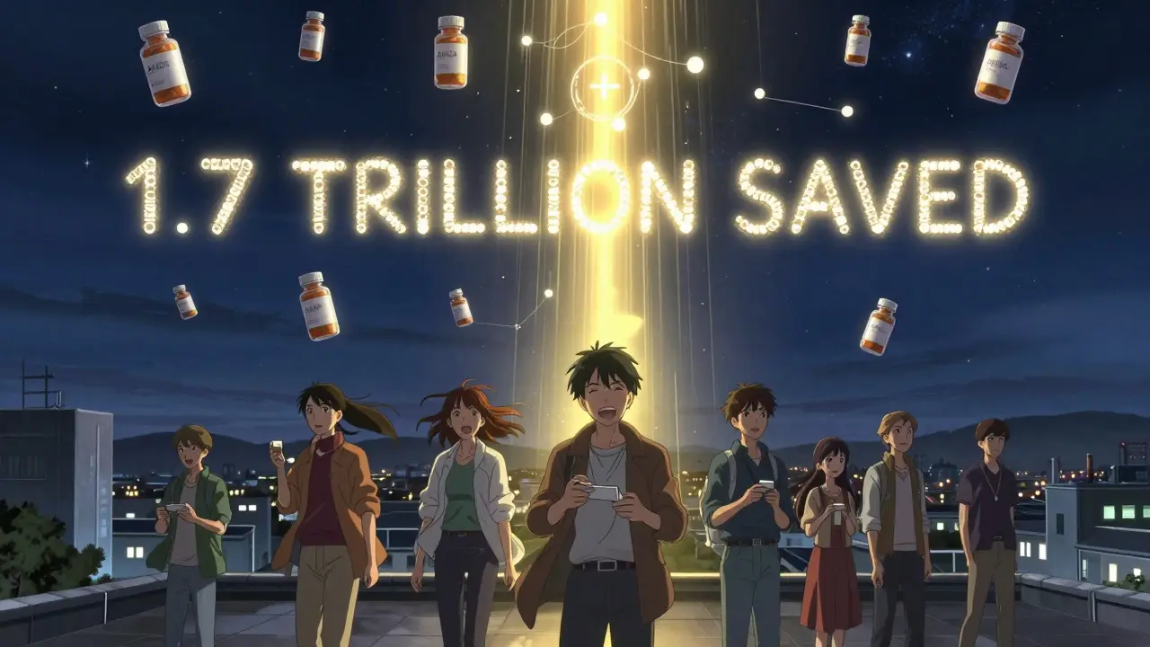 Floating generic drug bottles form a constellation spelling '1.7 TRILLION SAVED' in the night sky.