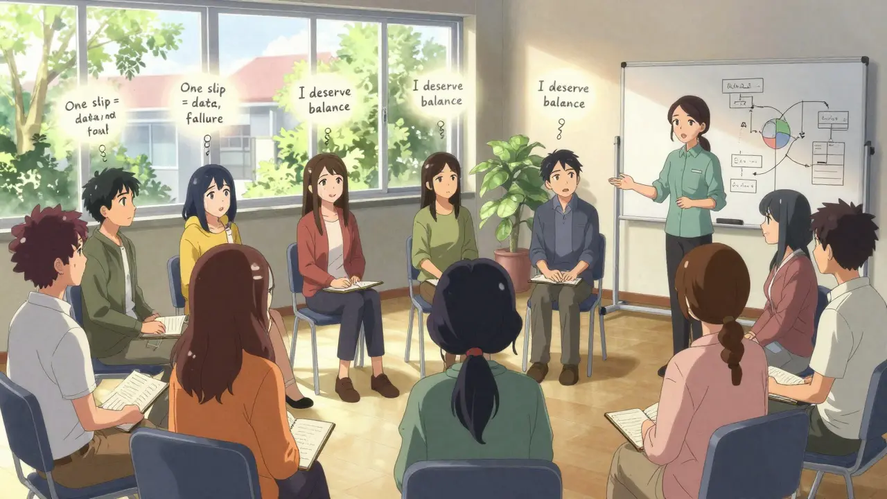 Group of people in a therapy session, sharing and learning cognitive strategies together.