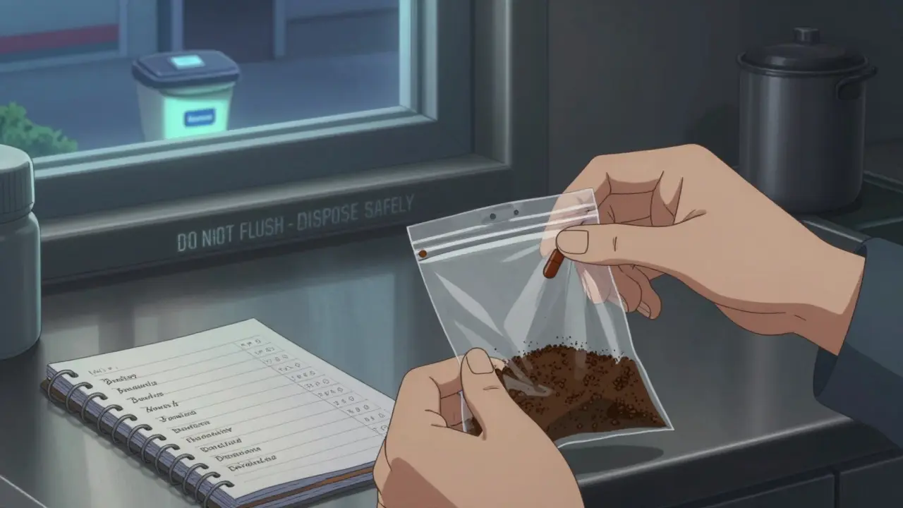 Hands mix recalled pills with coffee grounds in a sealed bag for safe disposal.