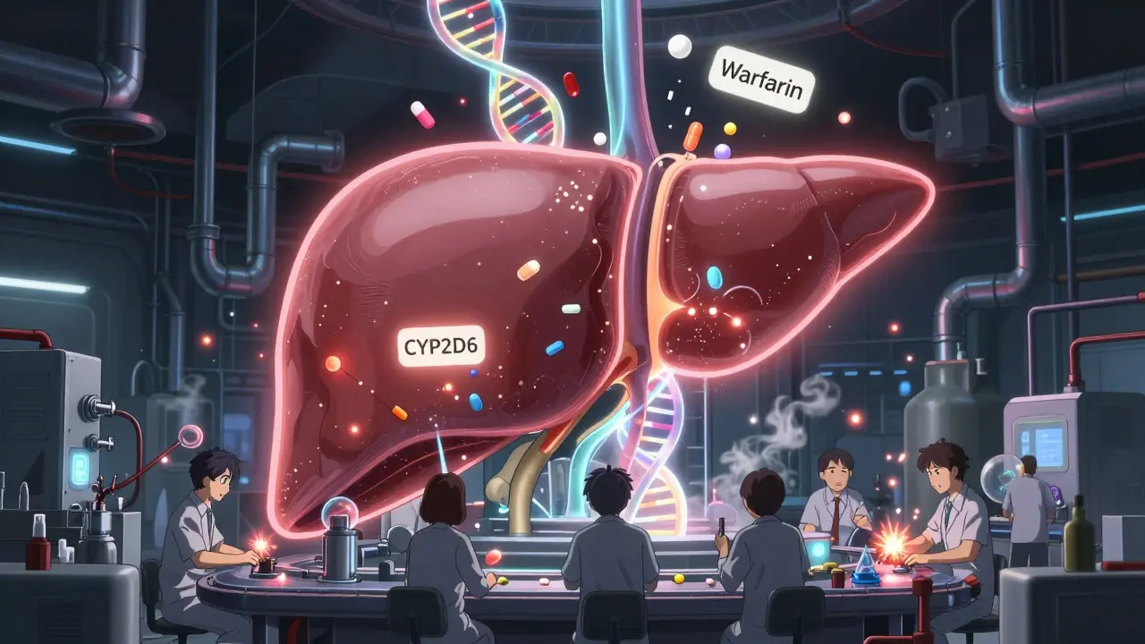 Human liver as a factory with enzymes processing pills under genetic influences.