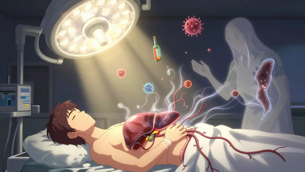 Liver transplant surgery with healthy donor organ connecting to recipient, glowing vessels and dissolving symbols of past damage.